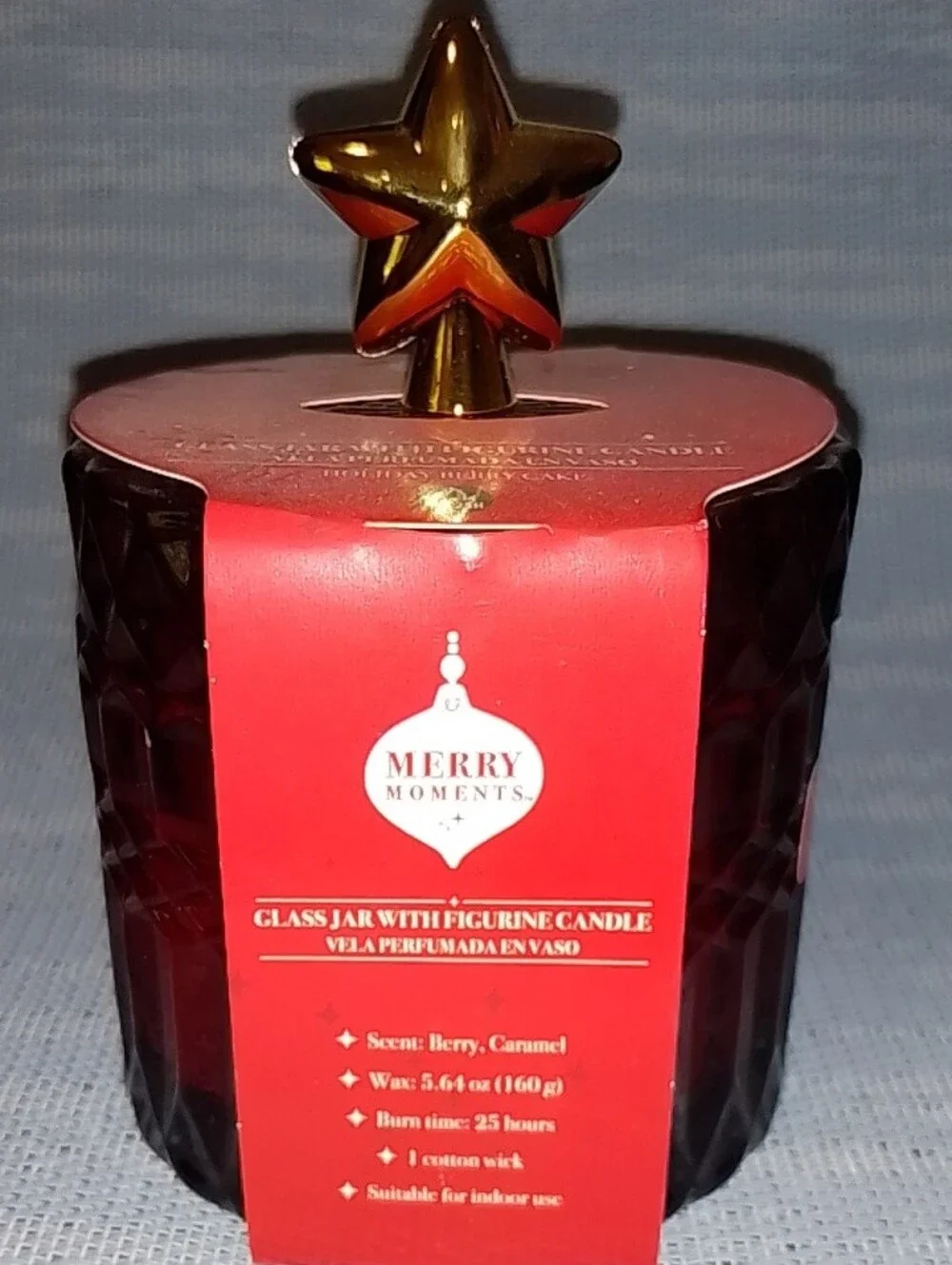 Berry, Caramel Scented Red Glass Jar Candle with Gold Star Topper